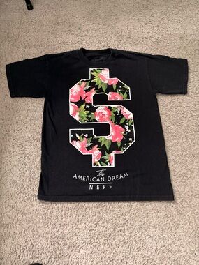 Neff Black Tee with Pink & Green Floral Dollar Graphic